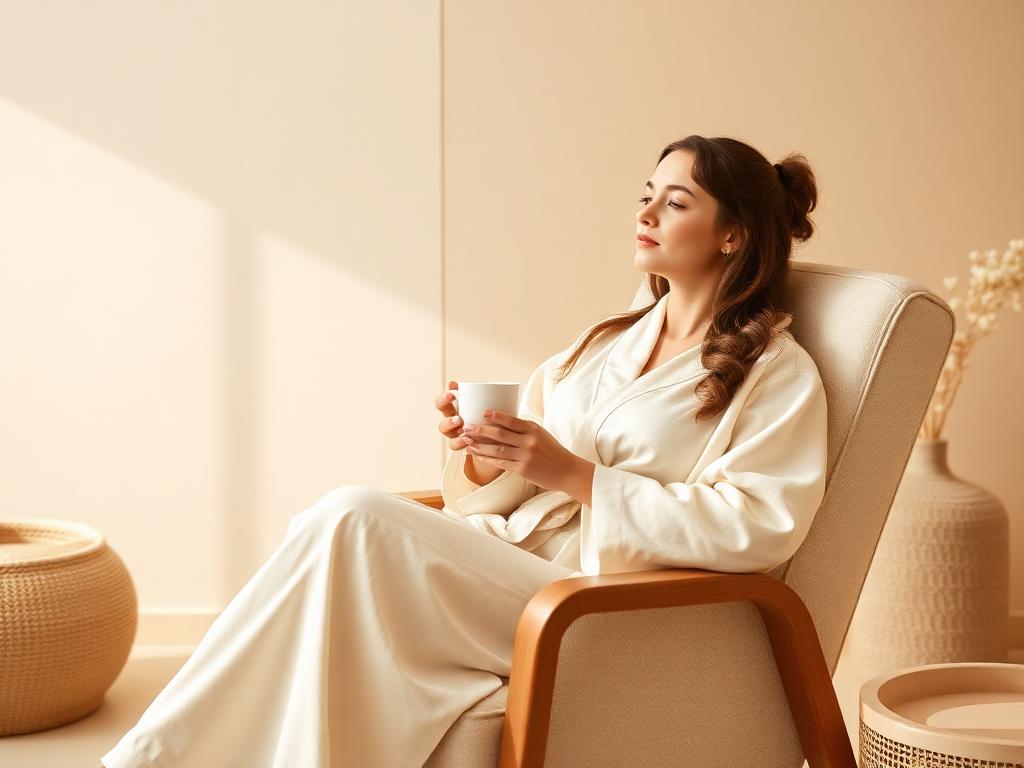 Vrouw ontspant met een kop thee in de spa
